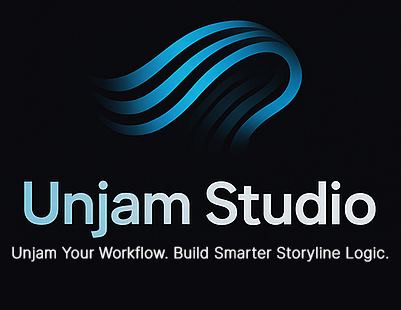 Unjam Studio logo with abstract curved lines flowing upward like waves, symbolizing removing workflow blockages. The tagline below reads: 'Unjam Your Workflow. Build Smarter Storyline Logic.'